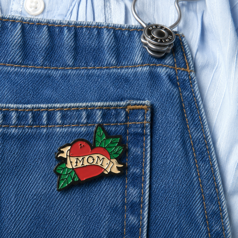 Pin mom corazón rojo hojas verdes